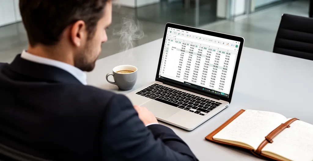 Business professional leaning back from laptop showing spreadsheet with visible fatigue