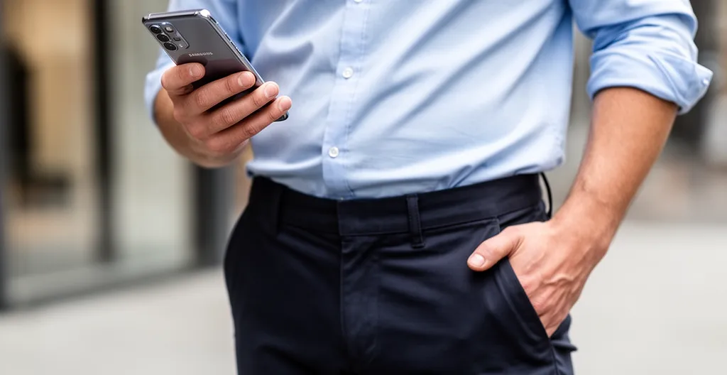 Sales professional looking at smartphone with relaxed confident expression